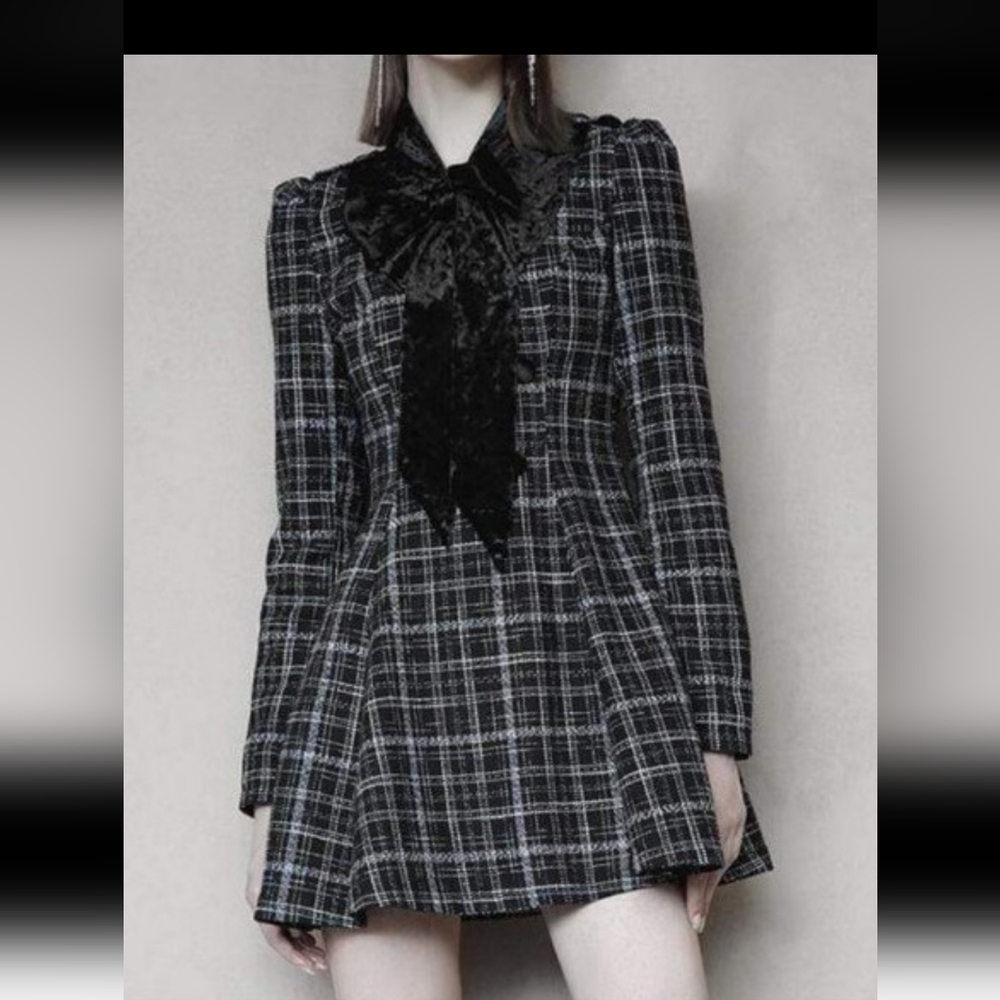 PUNK RAVE Velvet Bowknot Collar Plaid Dress